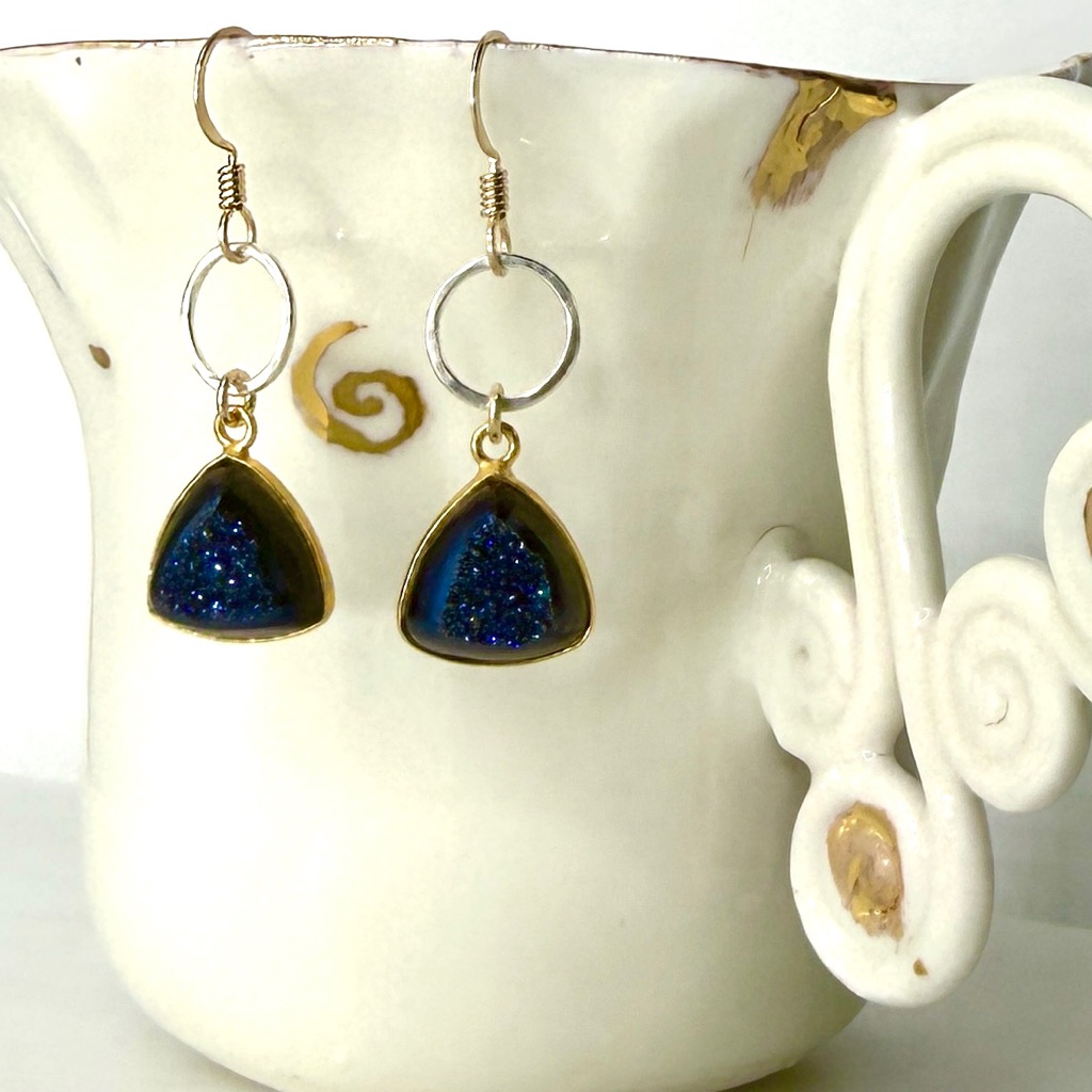 Gold-Frame Blue Druzy Triangle Drop Earrings